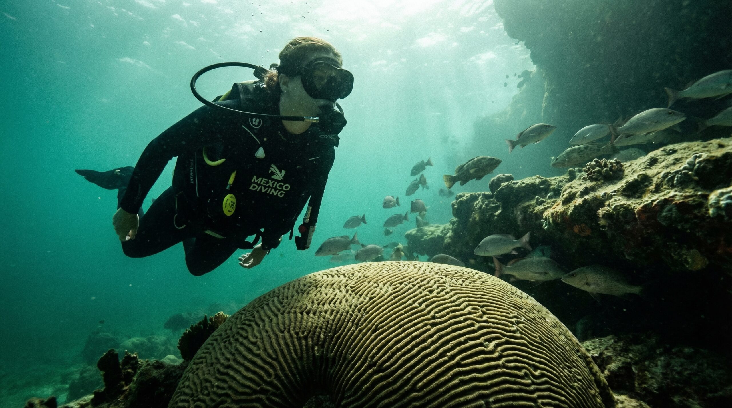 Buceadora estilizada de Mexico Diving explorando corales cerebro en el arrecife de Progreso, Yucatán, con peces tropicales del Golfo.
