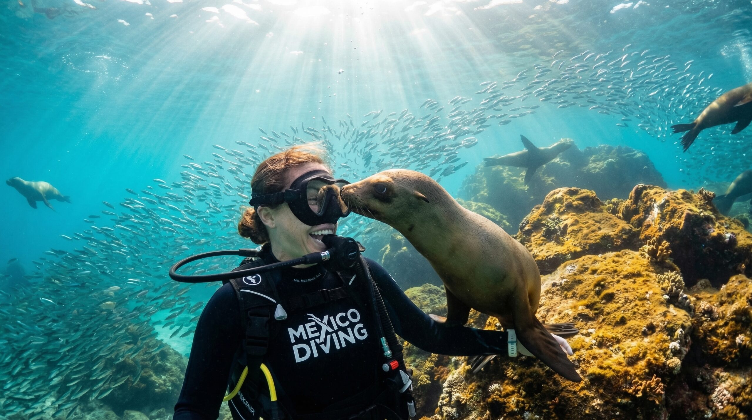 Buceadora profesional de Mexico Diving interactuando amigablemente con un lobo marino en Los Islotes, La Paz, Baja California Sur