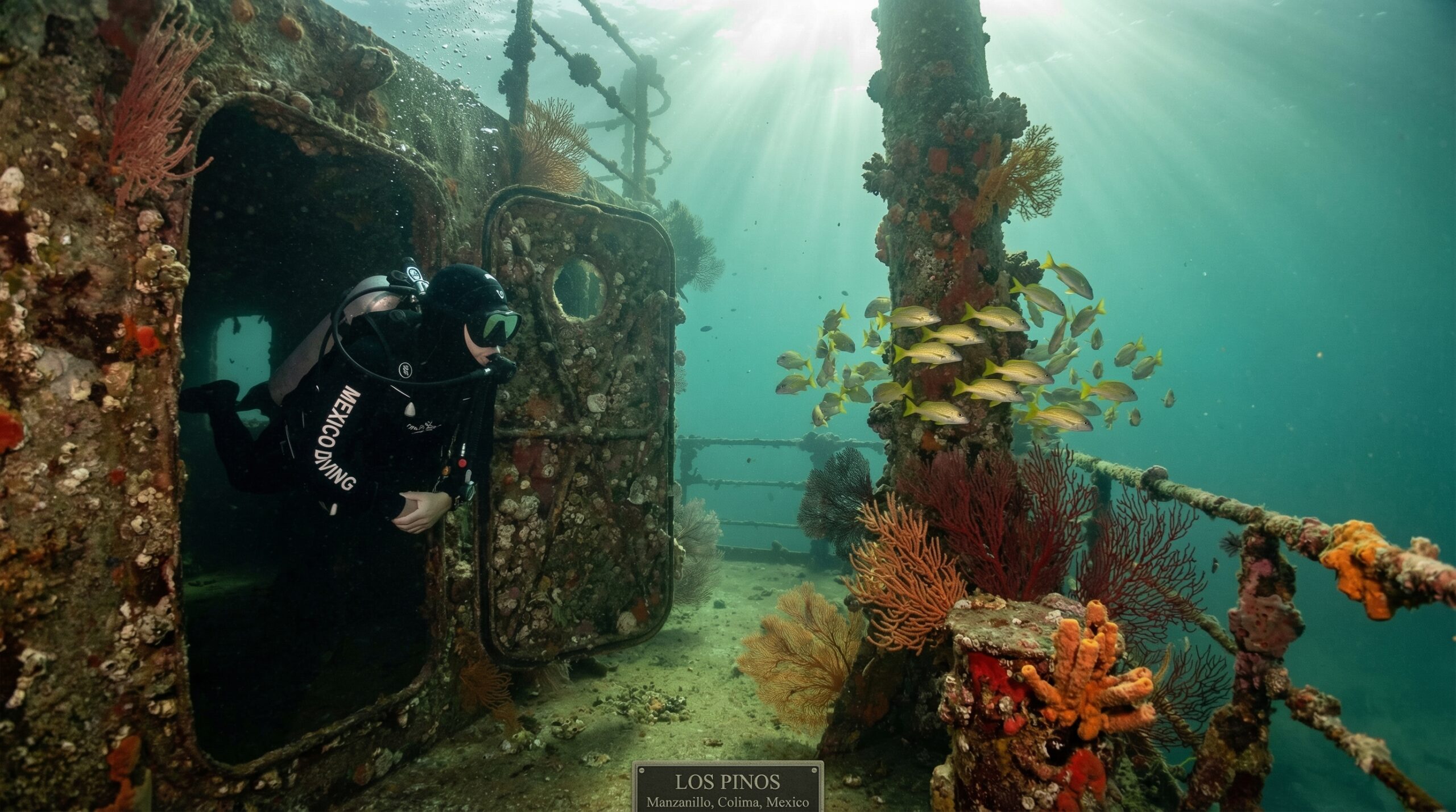 Buceadores de Mexico Diving explorando la estructura del barco hundido Los Pinos en Manzanillo, Colima.