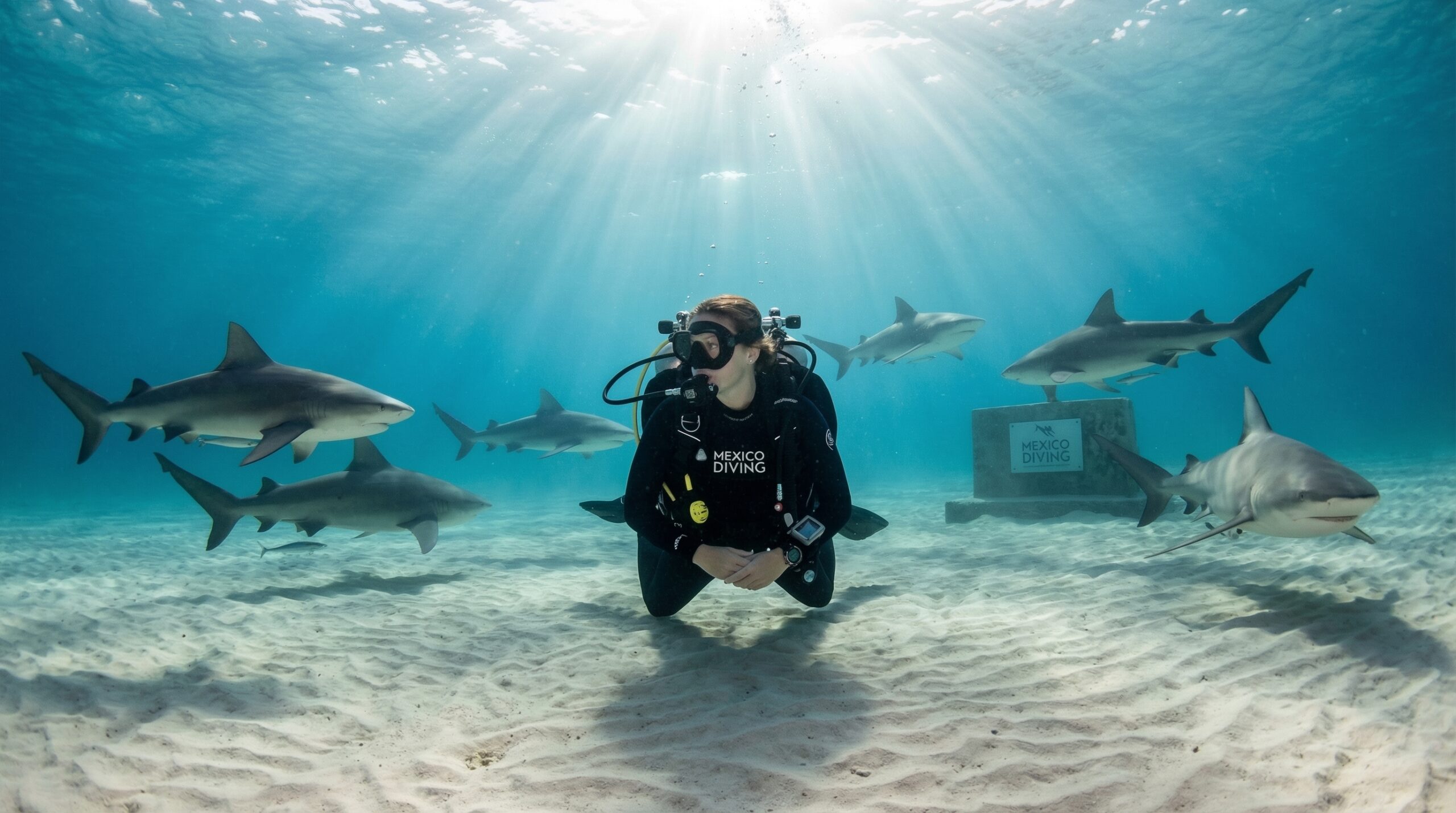 Buceadora profesional de Mexico Diving explorando las formaciones geológicas y la luz haloclima en un cenote de Playa del Carmen, Riviera Maya.