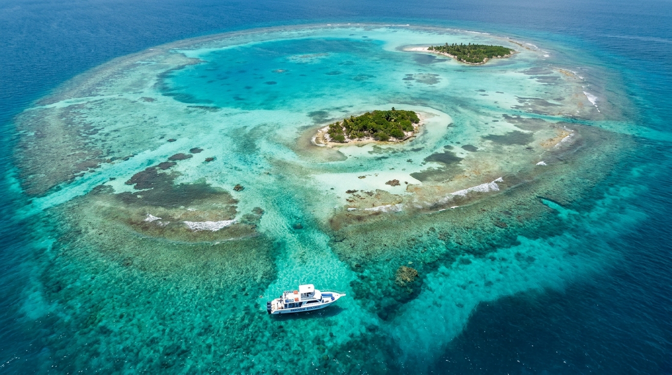 Vista aérea profesional de Banco Chinchorro en 2026, mostrando la estructura de atolón con lagunas turquesa y embarcación de Mexico Diving navegando la barrera de coral en el Caribe Mexicano.