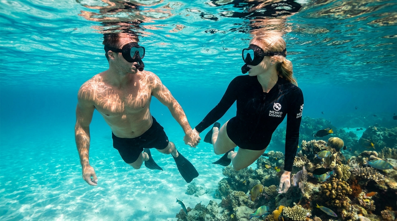 Pareja atlética y voluptuosa realizando snorkel de la mano sobre los arrecifes de Banco Chinchorro con Mexico Diving, Caribe Mexicano