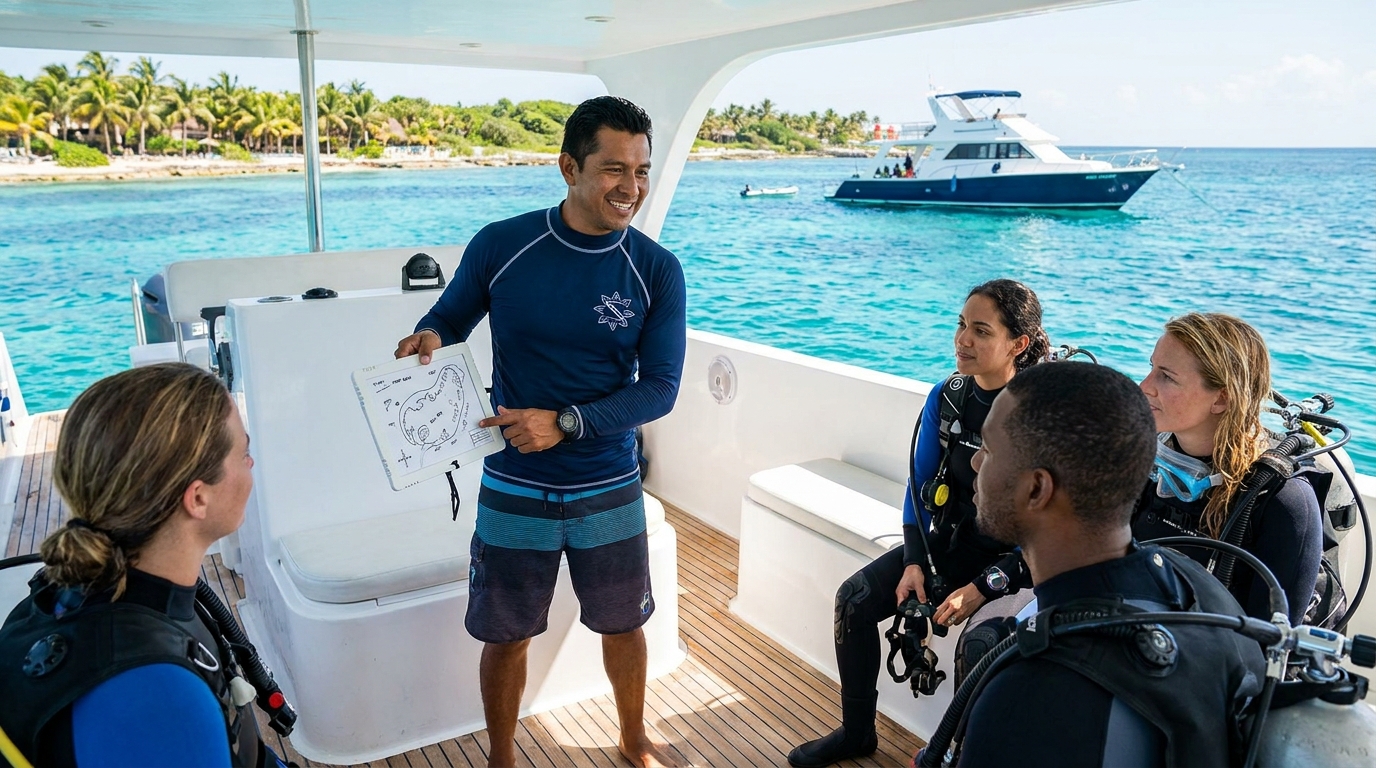 Candidato a Divemaster liderando un grupo de buceo en los arrecifes de la Riviera Maya, México.