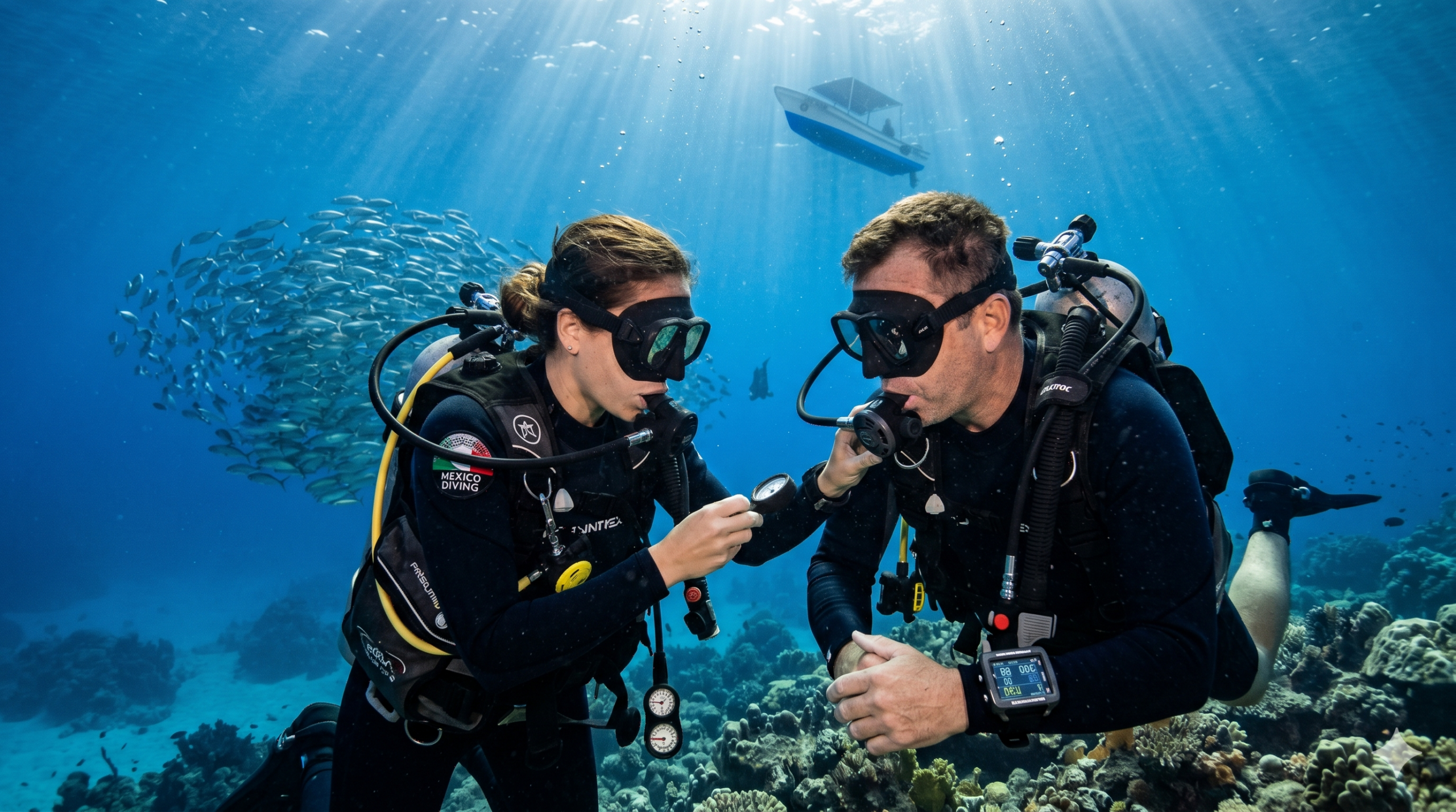 Dos buceadores profesionales realizando un chequeo cruzado de aire y equipo bajo el agua en Cozumel, México, con una lancha panga en la superficie y un cardumen de peces al fondo, ilustrando el protocolo de seguridad buddy system.