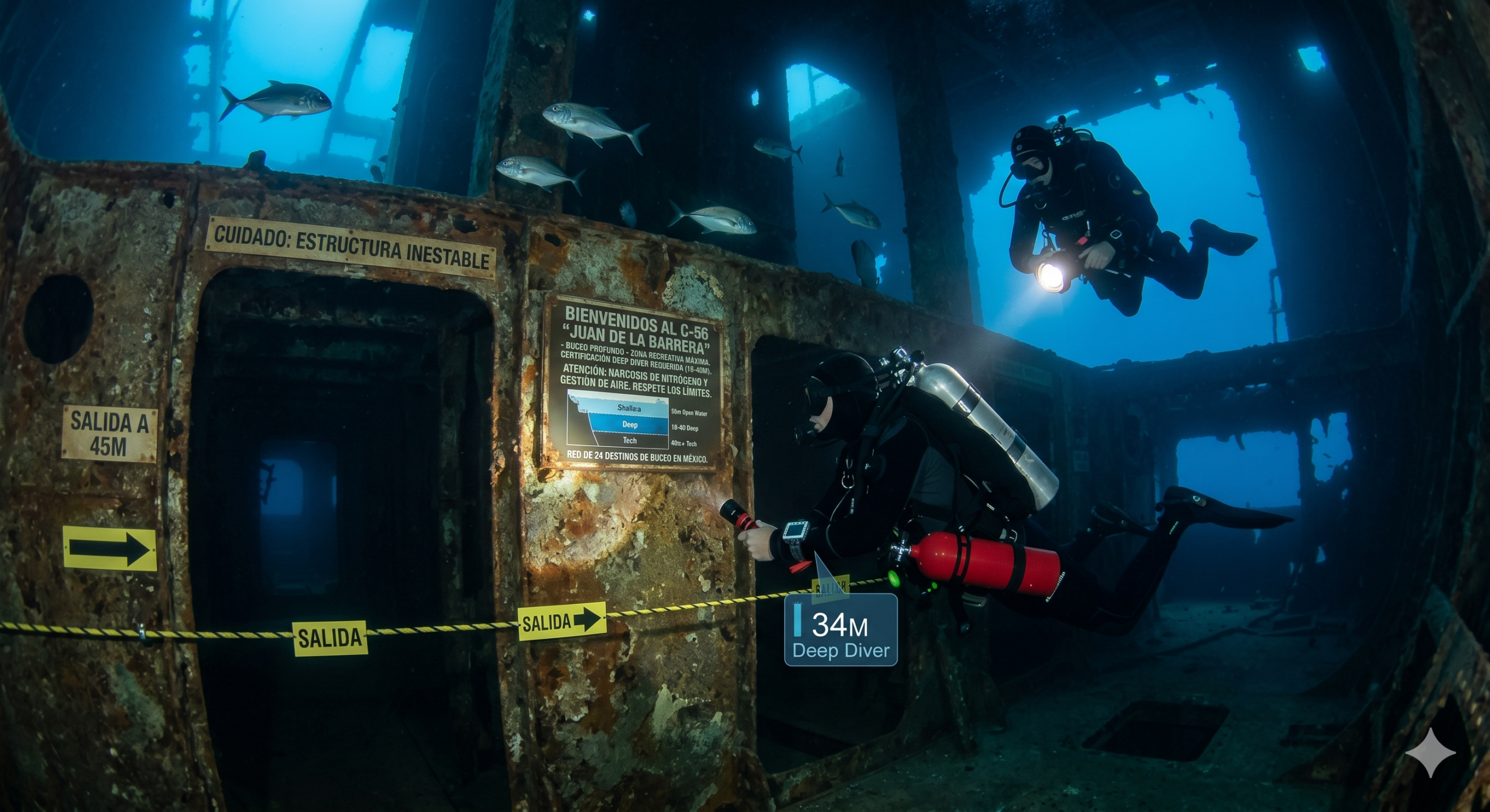 Buceador avanzado explorando las profundidades de un naufragio histórico en las costas de México.