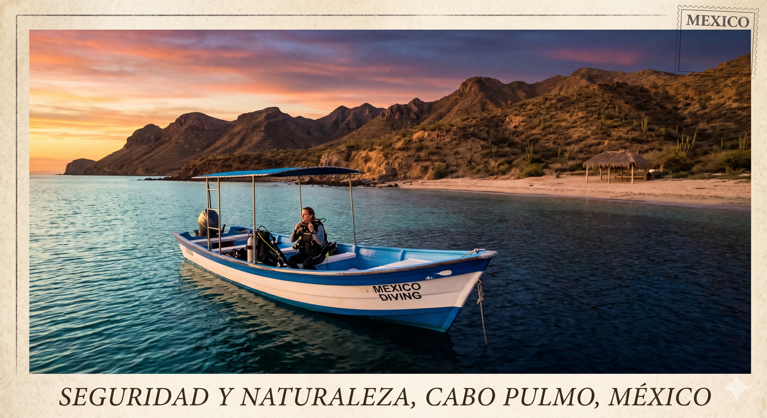 Postal de una buceadora profesional con equipo completo a bordo de una embarcación de Mexico Diving en Cabo Pulmo, México, listos para una inmersión segura durante el atardecer.