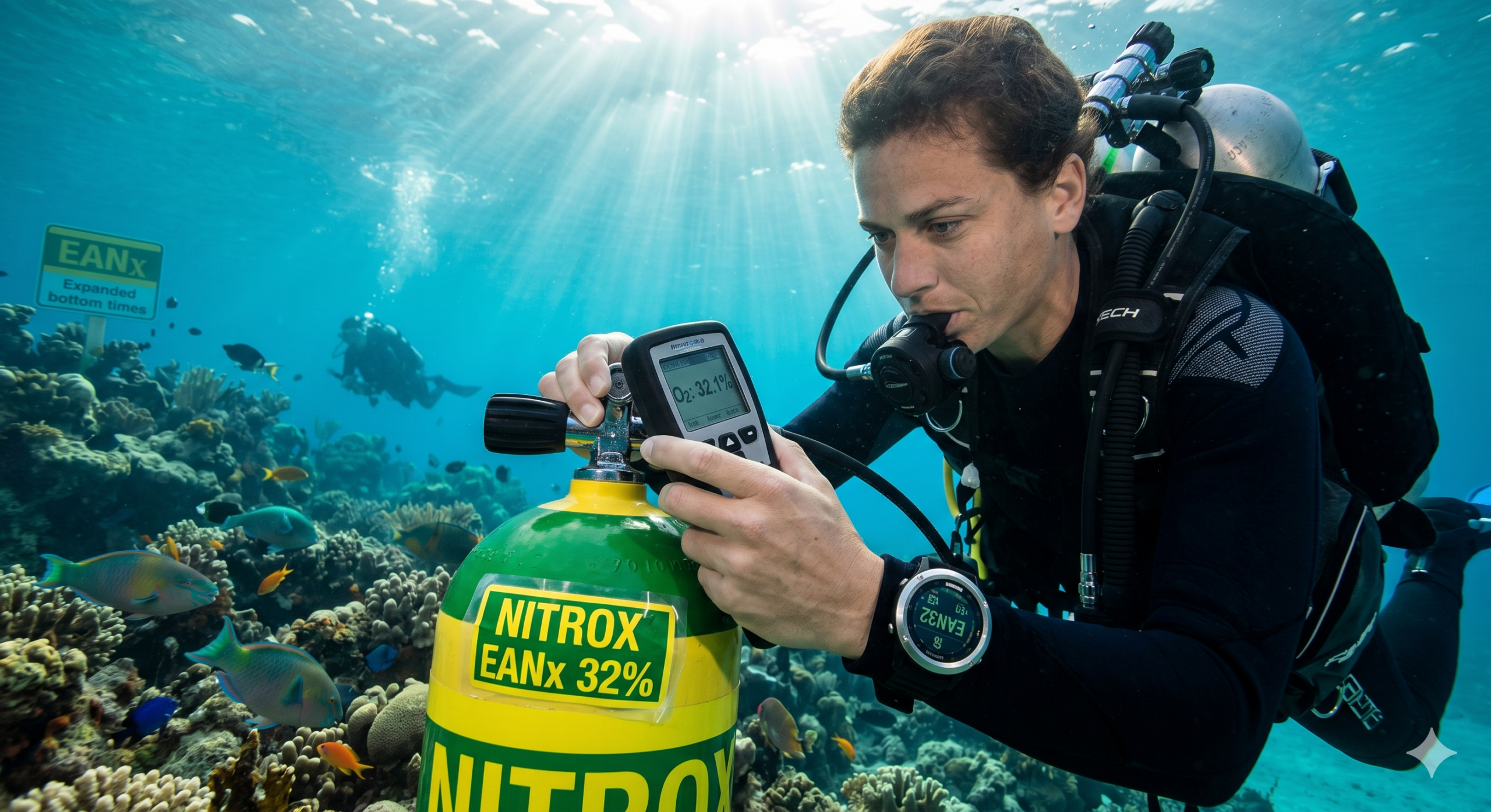 Buceador analizando el porcentaje de oxígeno en un tanque de Nitrox marcado con etiquetas verdes y amarillas.