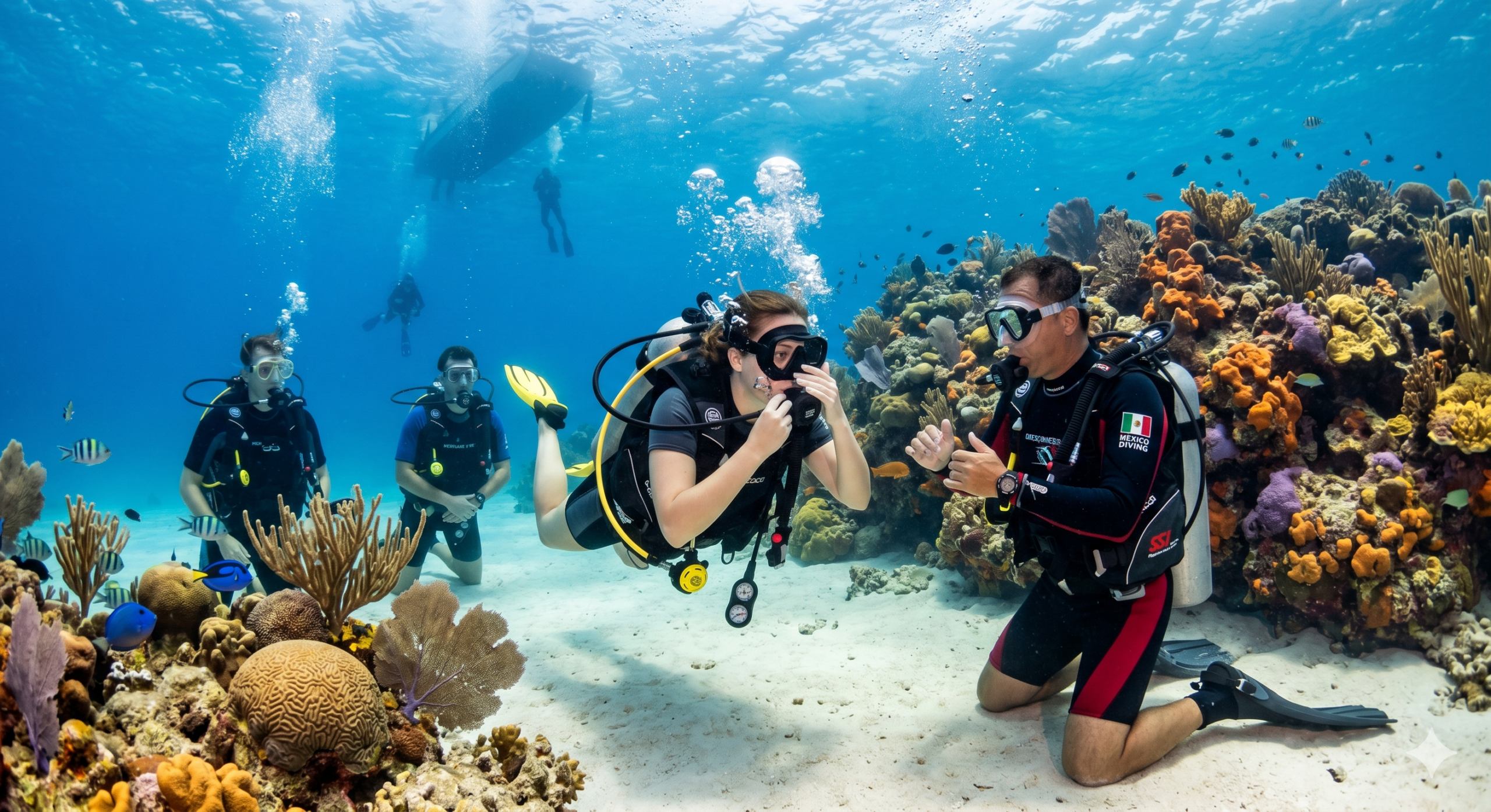 Buzo principiante realizando ejercicios de flotabilidad en el arrecife de Cozumel durante su curso de certificación Open Water Diver en México.