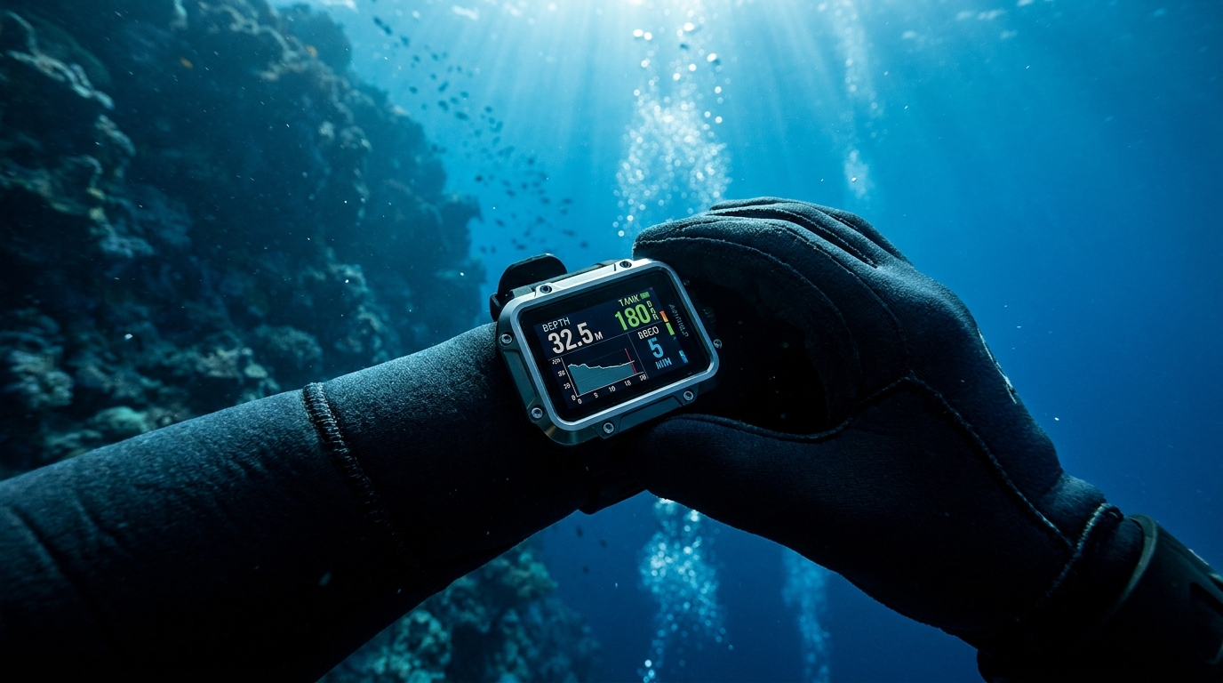 Muñeca de un buzo técnico con una computadora de buceo premium mostrando datos de descompresión en pantalla AMOLED a color en Cozumel México.