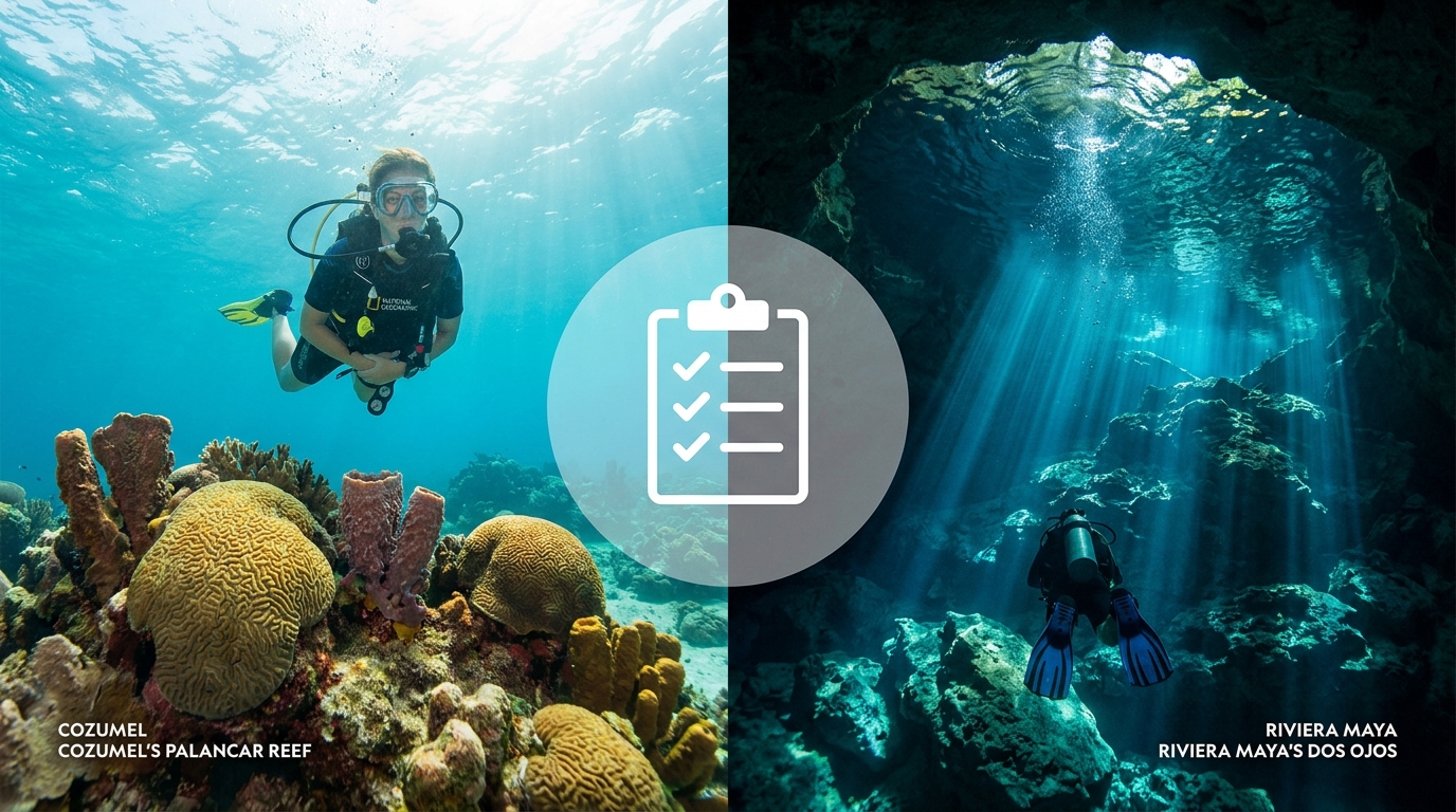 Comparativa visual de buceo en arrecifes de Cozumel y cenotes de la Riviera Maya para estudiantes de certificación Open Water.
