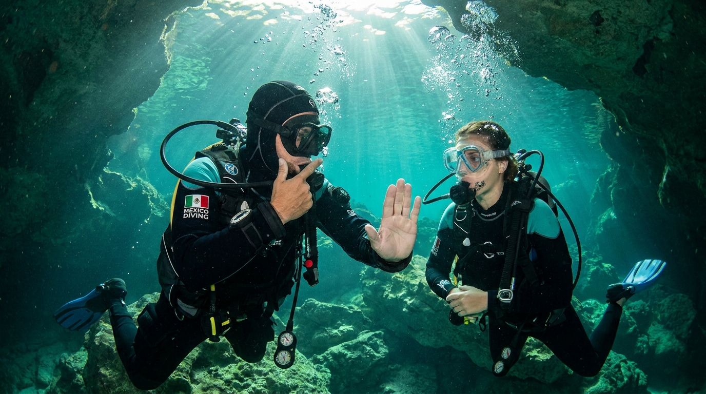 Instructor de buceo profesional enseñando técnicas de respiración y control de estrés a un alumno bajo el agua en un cenote de la Riviera Maya, México.