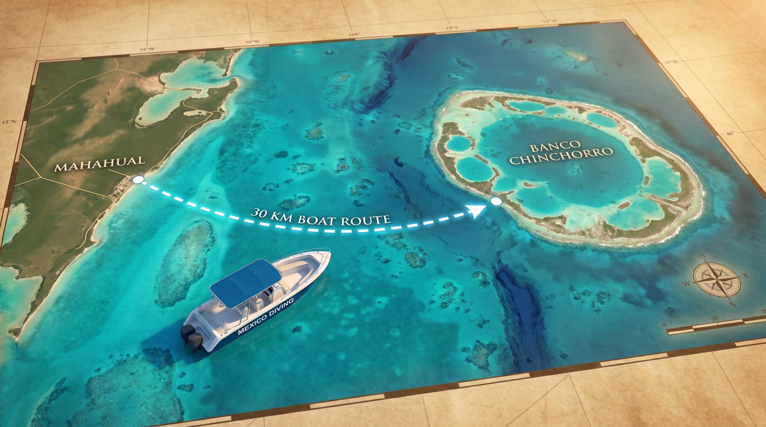 Mapa de ubicación de Banco Chinchorro mostrando su distancia Respecto a la costa de Mahahual en el Caribe Mexicano.