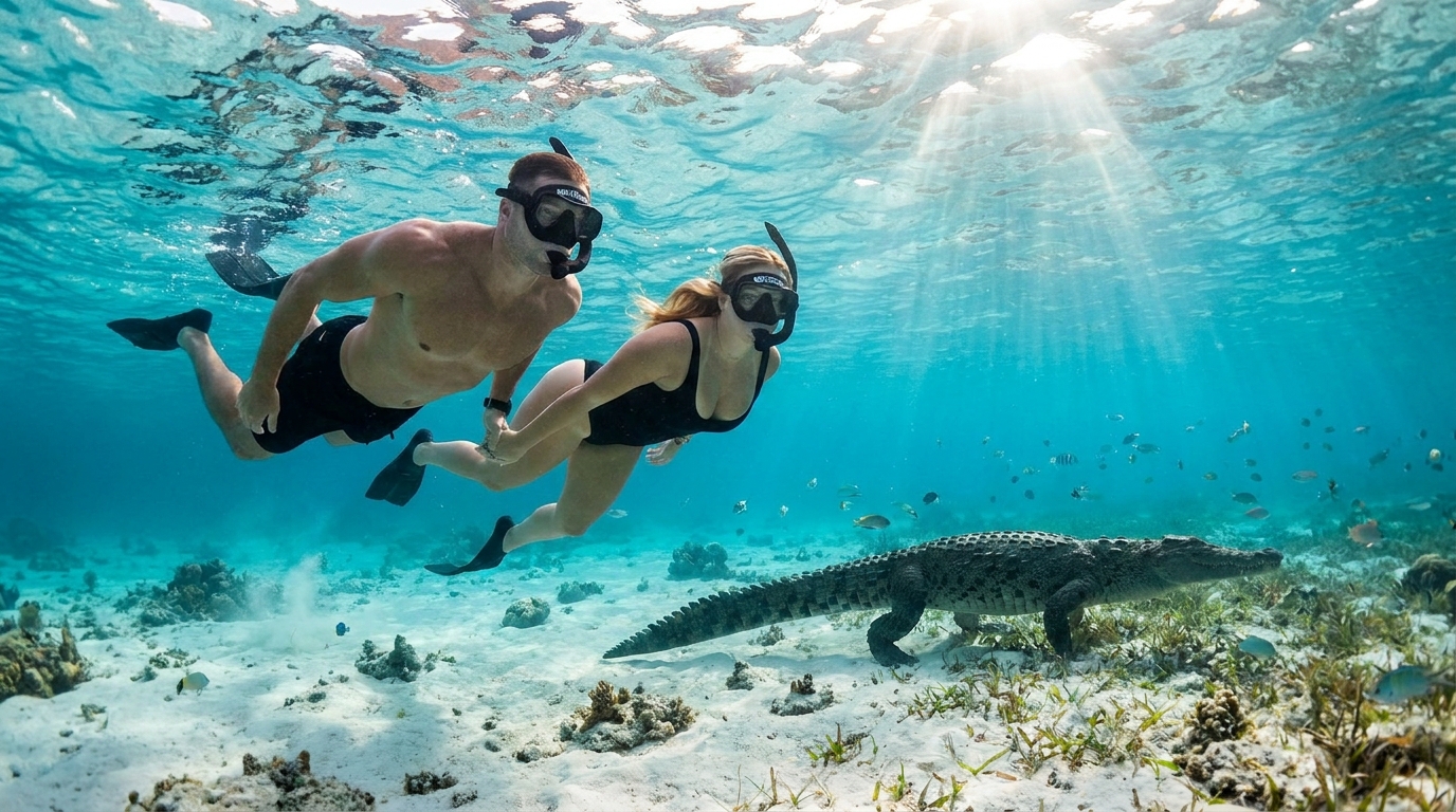 Pareja atlética de Mexico Diving realizando snorkeling seguro con un cocodrilo americano en las aguas cristalinas de Cayo Centro.