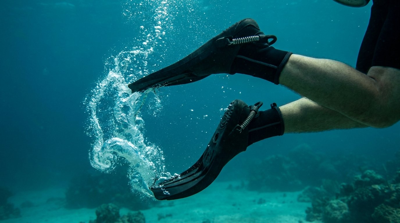Piernas de un buzo ejecutando una patada de rana con aletas de hule pesado monobloc y resortes de acero inoxidable en el fondo marino.