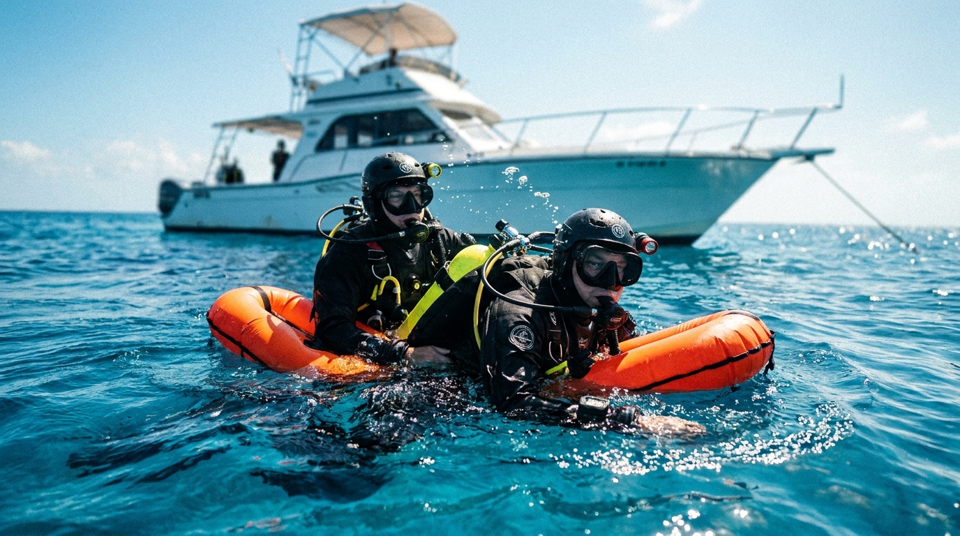 Estudiantes de buceo realizando simulacros de rescate y remolque en las costas de México.