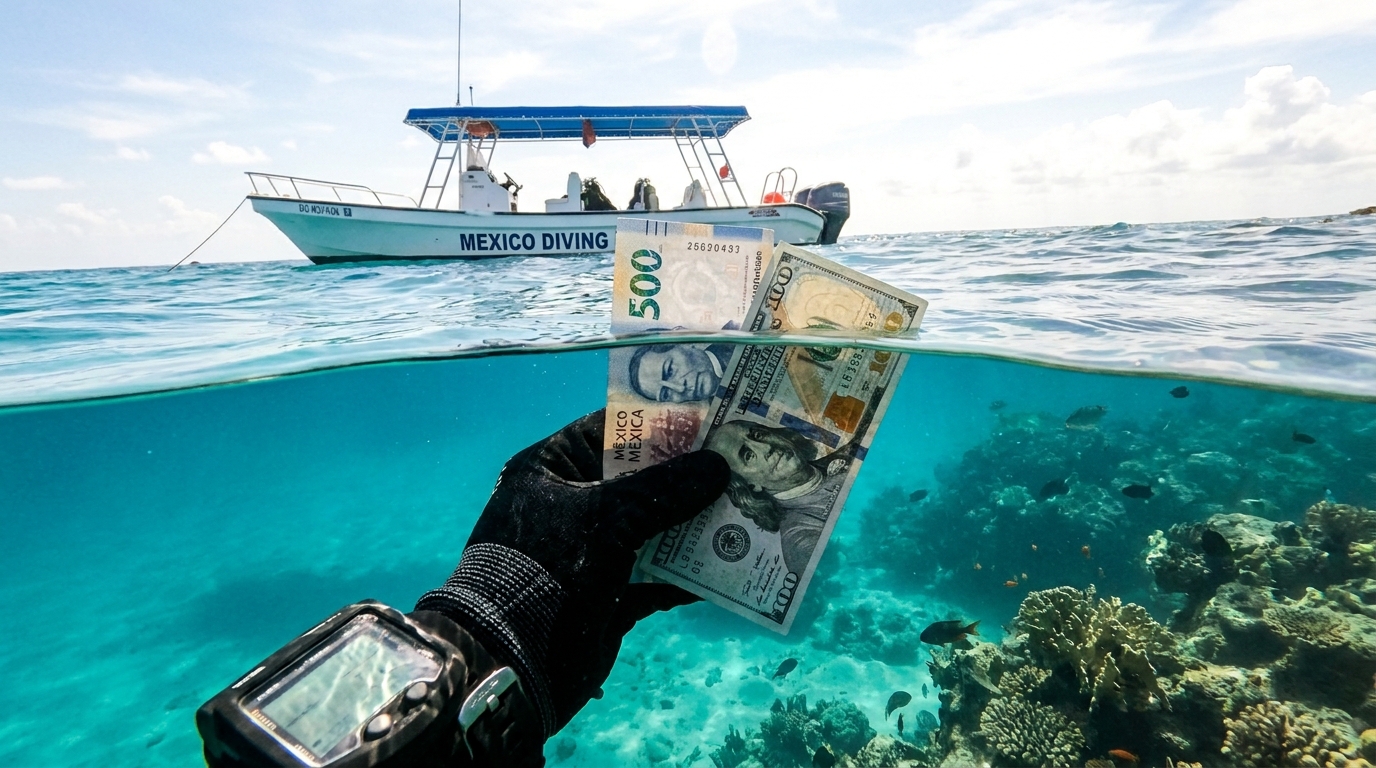 Detalle de equipo de buceo profesional sobre una lancha de Mexico Diving rumbo a Banco Chinchorro.