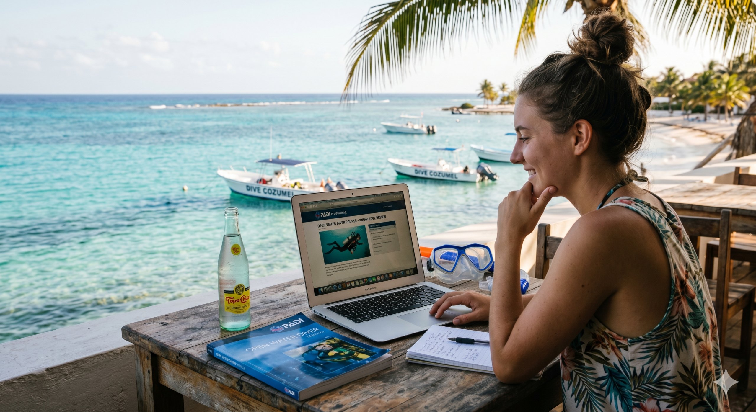 Persona estudiando la teoría de buceo e-Learning de PADI y SSI en su laptop antes de viajar a su curso de certificación en los cenotes de la Riviera Maya y arrecifes de Cozumel, México.