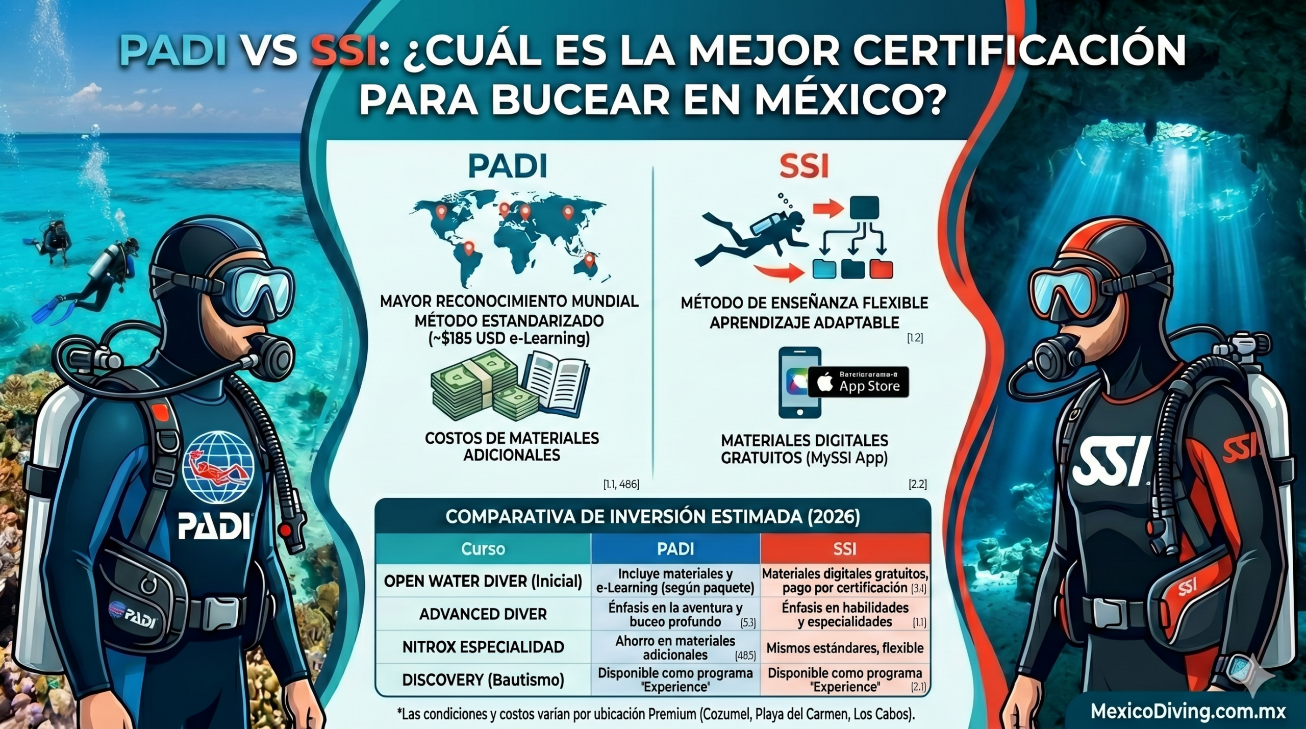 Infografía comparativa de certificaciones de buceo PADI vs SSI en México, mostrando diferencias en reconocimiento mundial, métodos de enseñanza estandarizado y flexible, costos de materiales adicionales, y una tabla de inversión estimada para cursos Open Water y Advanced en el Caribe y Mar de Cortés para el año 2026. Incluye logos de PADI y SSI y la URL MexicoDiving.com.mx.