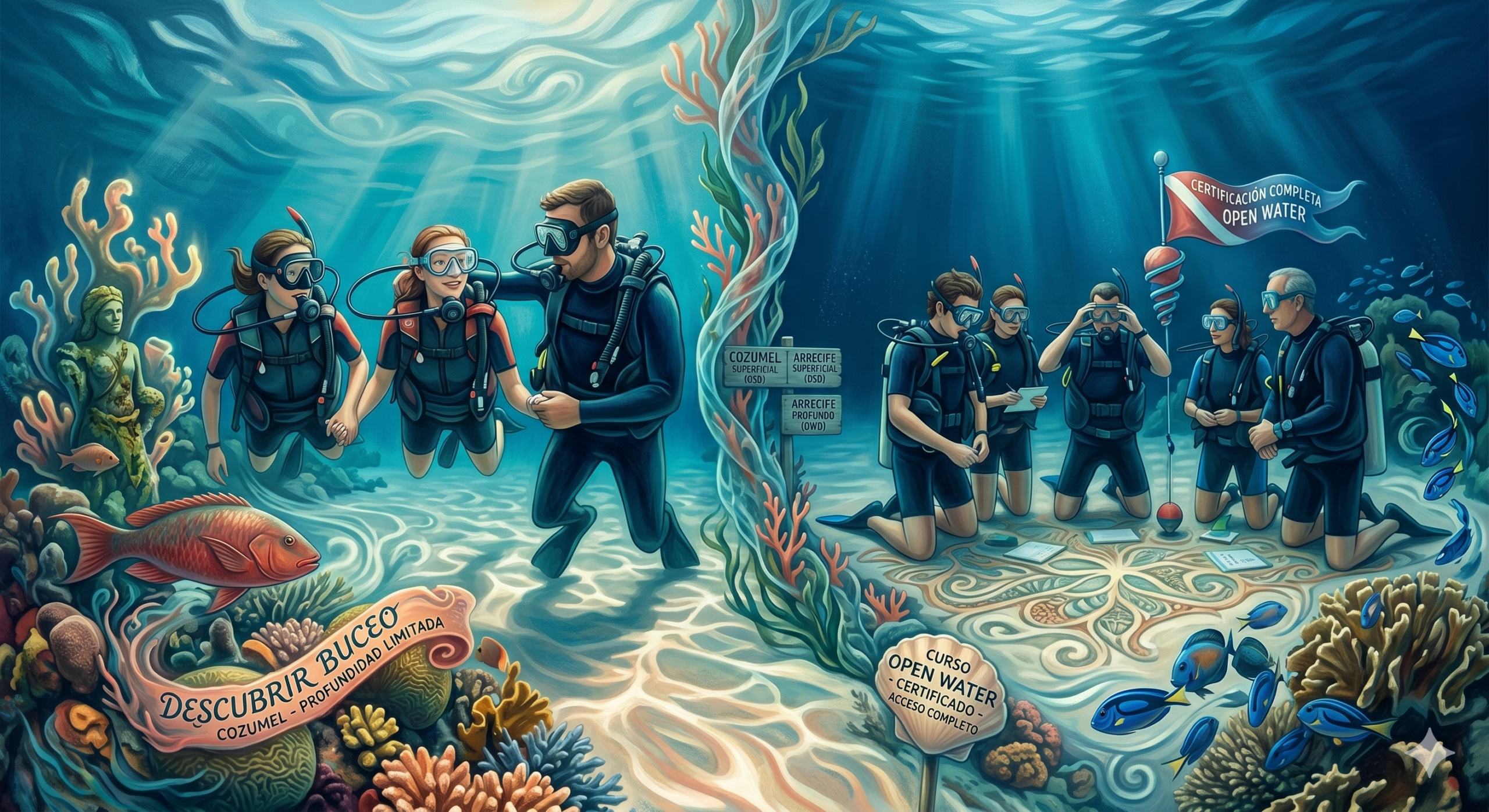 Pareja de turistas realizando su primer bautismo de buceo (Discovery Scuba) en las aguas turquesas de Cozumel, México, junto a un instructor certificado.
