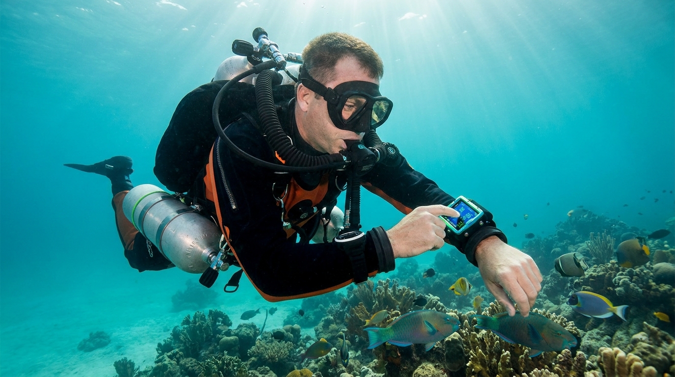 Buzo profesional consultando los datos de su computadora de buceo durante una parada de seguridad en los arrecifes de Cozumel, México, para garantizar una inmersión sin riesgos.