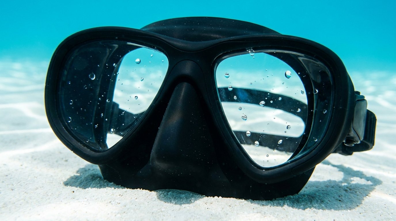Primer plano de un buzo profesional utilizando una máscara de buceo frameless de silicona negra mate y cristal óptico ultra claro bajo el agua.