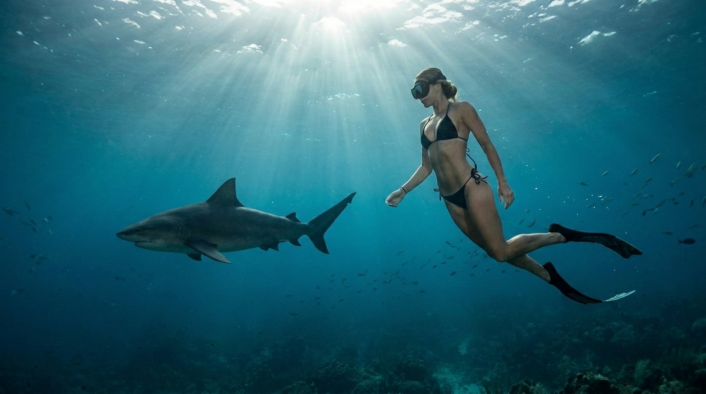 Apneista profesional nadando con gracia junto a un tiburón toro en las aguas cristalinas del Caribe Mexicano, resaltando la seguridad y la conexión con la vida marina en México.