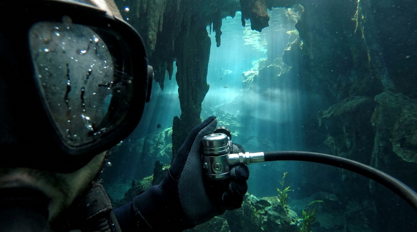 Primer plano de un buzo sosteniendo un regulador bajo el agua en un cenote mexicano con rayos de sol y haloclina.
