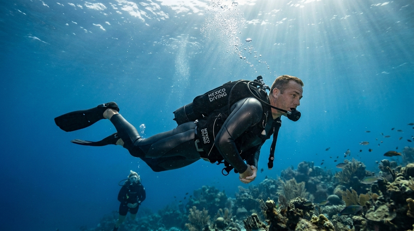 Buceador con excelente condición física monitoreando su consumo de aire de forma técnica durante una inmersión profunda con Mexico Diving.