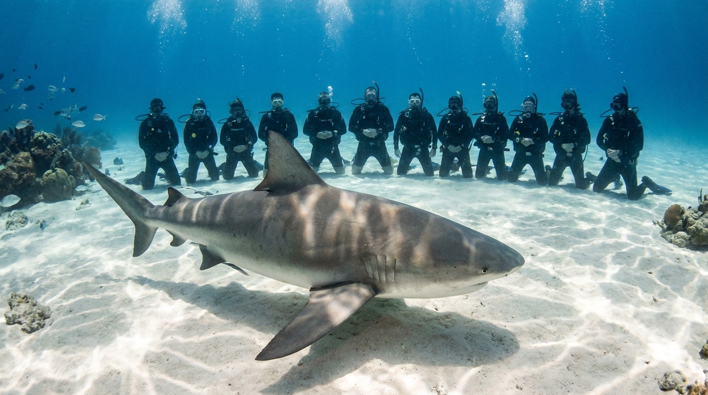 Un imponente tiburón toro nadando cerca del fondo arenoso frente a un grupo de buzos en Playa del Carmen.