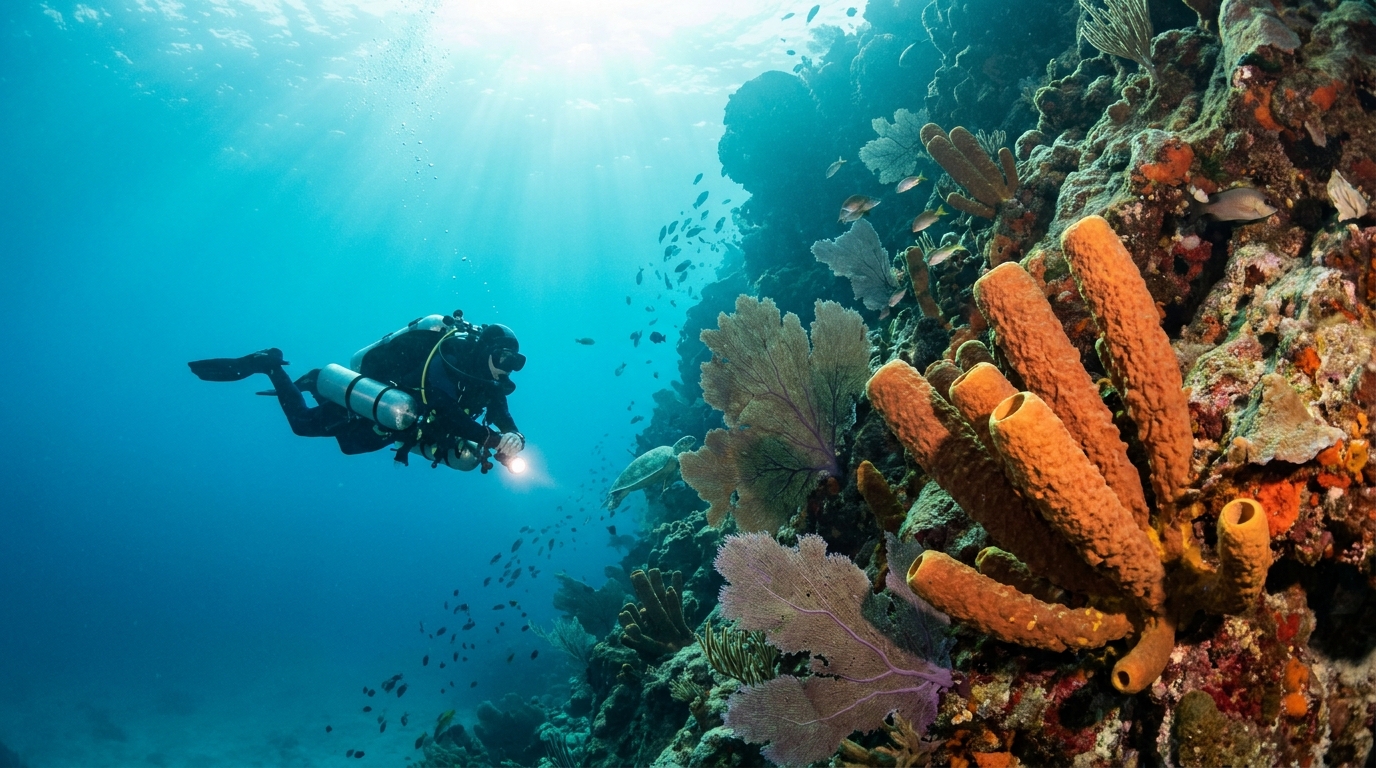 Buzo flotando junto a una gran pared de coral con esponjas naranjas en las aguas cristalinas de Cozumel, México.