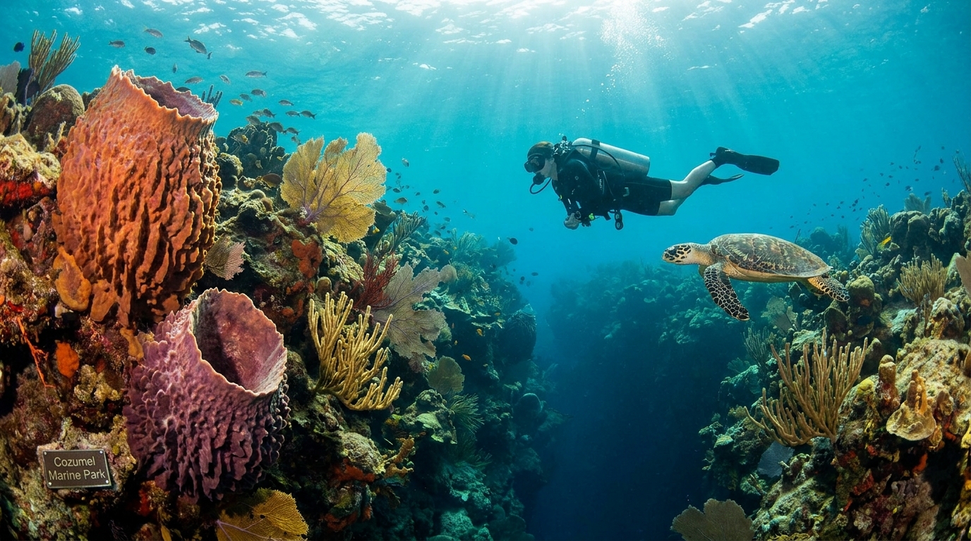 Un buzo explorando una impresionante pared de coral llena de vida y esponjas gigantes en las aguas cristalinas de Cozumel.