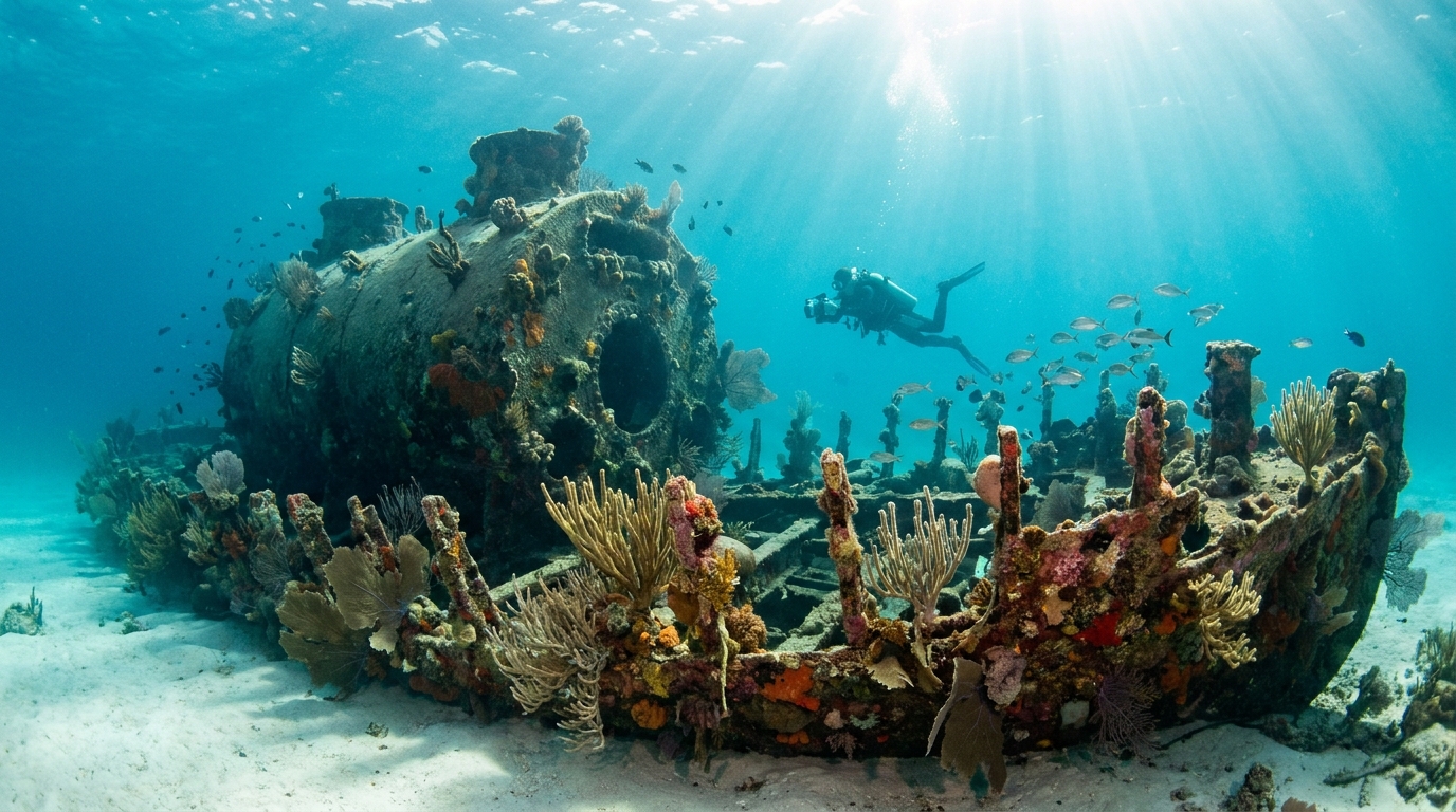 Una enorme hélice de hierro de un barco naufragado cubierta de corales multicolores en las aguas cristalinas de Banco Chinchorro, México.